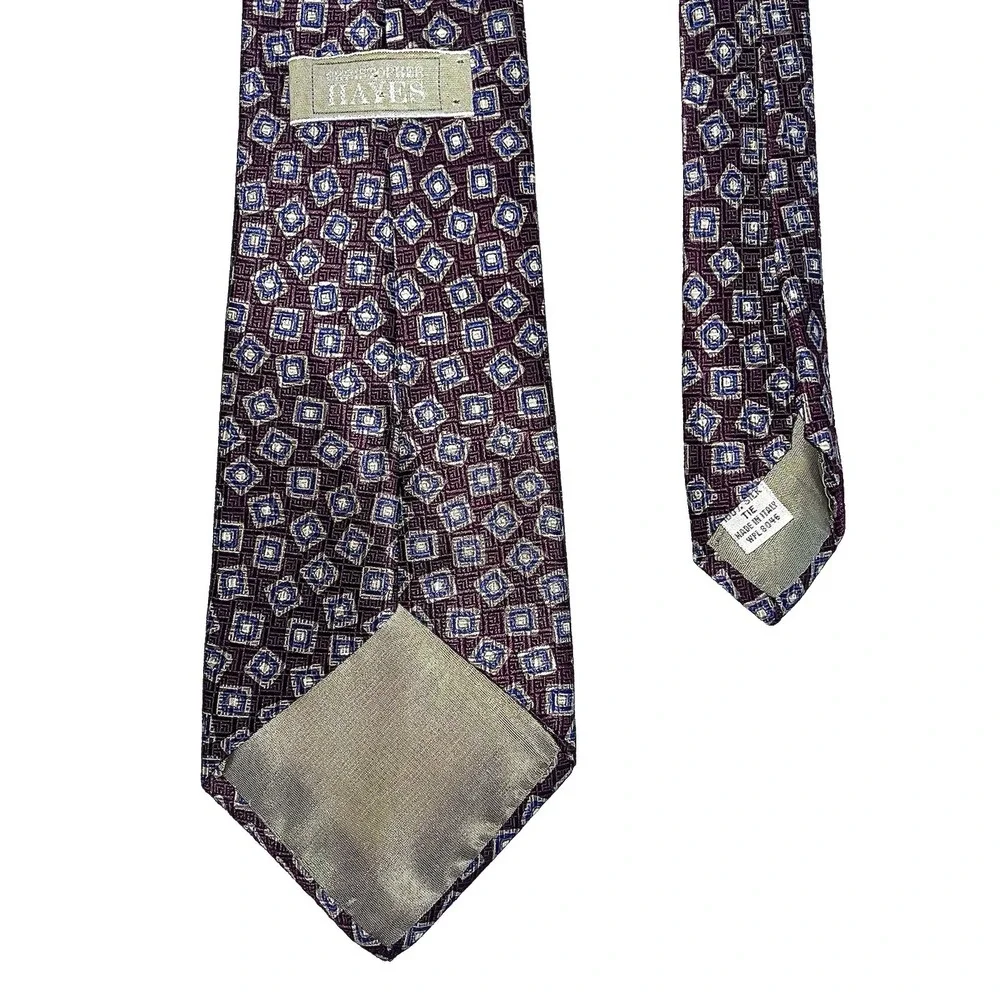 Christopher Hayes Silk Tie Mens Burgundy Blue Geometric Diamond Necktie Italy